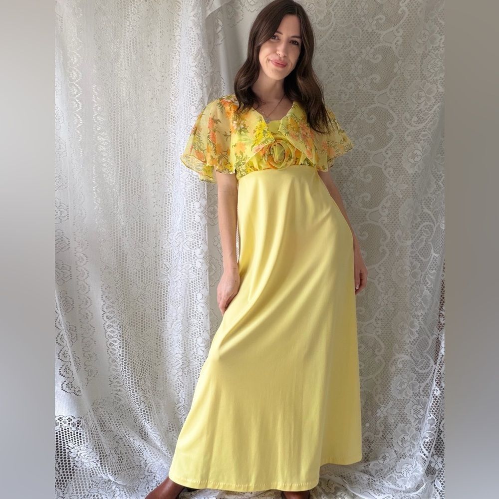 Vintage Yellow Floral Chiffon Maxi Dress 70s Prairie Garden Party - Picture 11 of 14